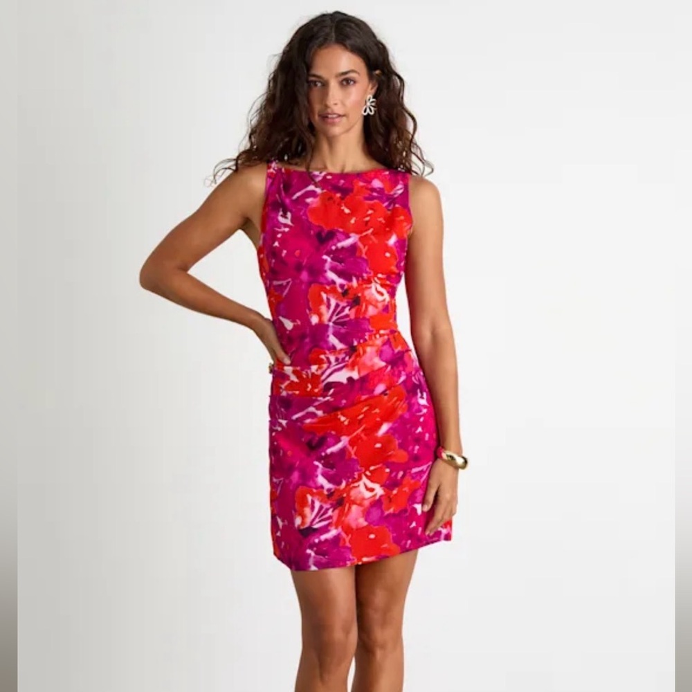 Lulus Roanes Magenta Floral Boat Neck Pleated Mini Dress XL